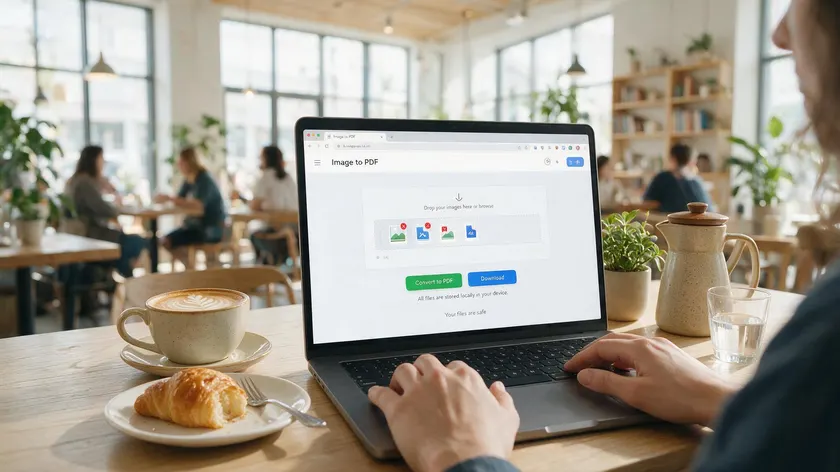 Person in café using an online image to PDF converter tool on a laptop