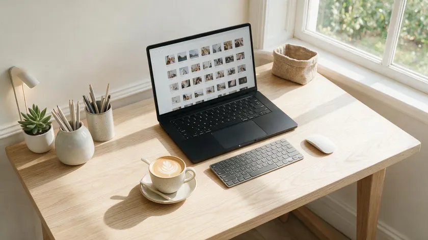 Clean desk setup with laptop showing image files organized before converting to PDF