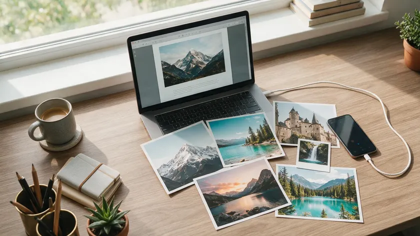 Desk with printed photos and laptop showing how to save pictures as PDF files