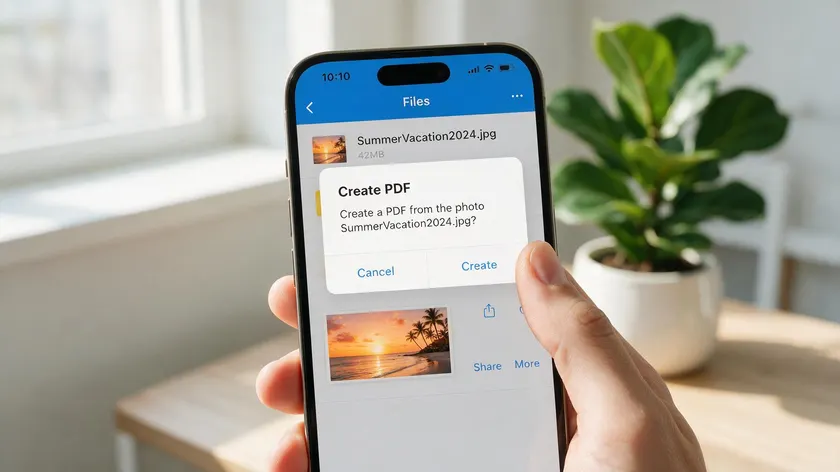 iPhone Files app showing Create PDF prompt to save a picture as a PDF on iOS