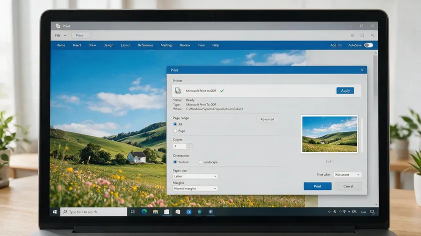 Windows Print dialog showing Microsoft Print to PDF option to save a picture as a PDF