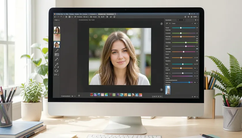 A photo-editing software interface on a computer screen showing a portrait photo with color and exposure adjustment sliders.