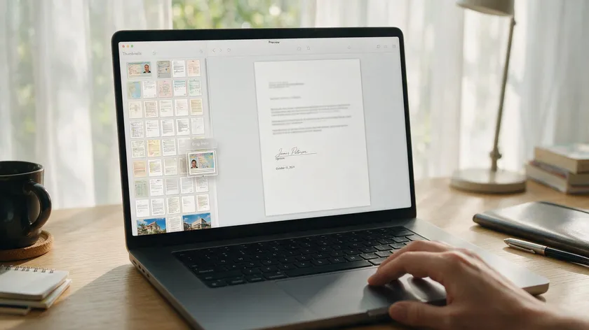 Preview's thumbnail sidebar showing image pages being reordered before combining into one PDF