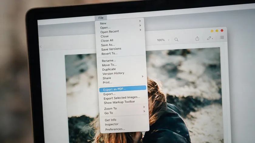 Preview's File menu open with Export as PDF highlighted, the step used to convert a picture to PDF on Mac