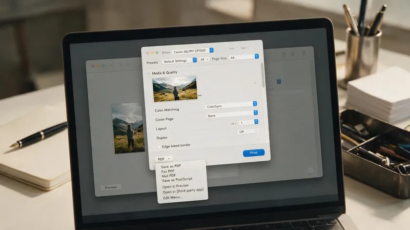 macOS print dialog with the Save as PDF option open in the lower-left PDF menu