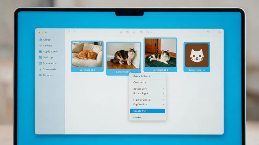 Finder right-click menu with Quick Actions and Create PDF highlighted