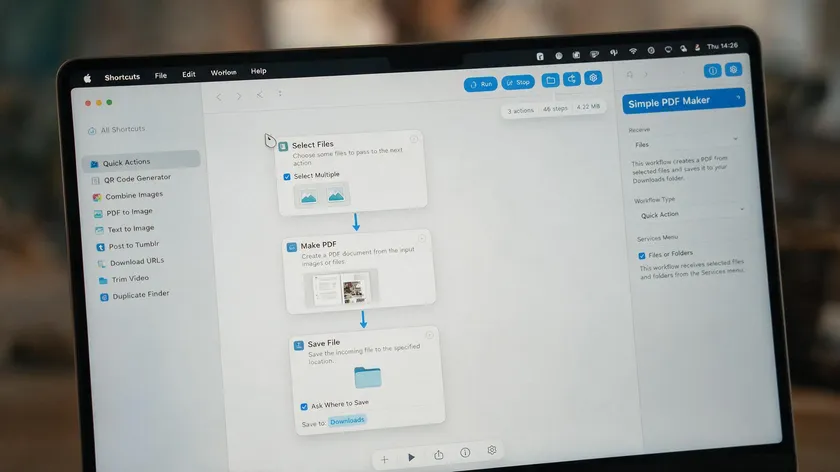 macOS Shortcuts app showing a simple workflow that converts images into a PDF automatically