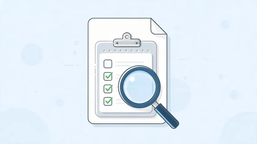 Illustration of a checklist with a magnifying glass, representing troubleshooting tips