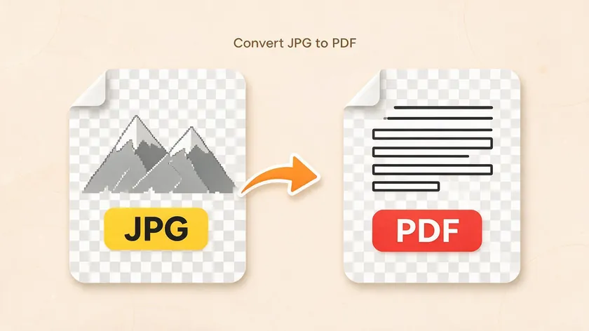 A JPG file icon converting into a PDF file icon with an arrow between them, showing the JPG to PDF in Google Drive conversion process.
