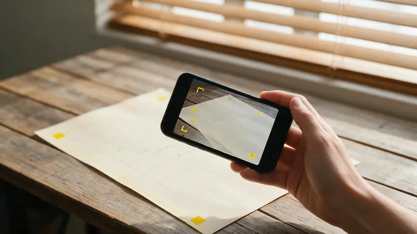 A hand holding a smartphone scanning a paper document with edge detection, the mobile method to convert JPG to PDF in Google Drive on iOS and Android.