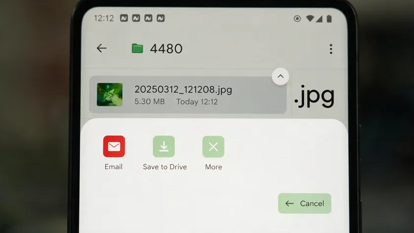 A JPG file open in a file manager with a share menu, demonstrating how to convert JPG to PDF on Android using Files by Google.