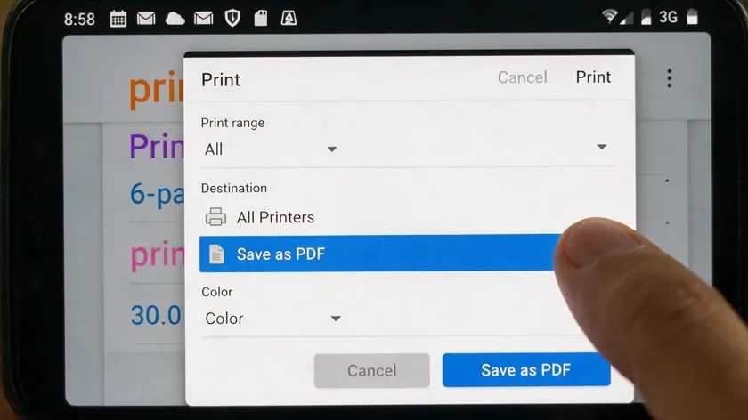 An Android print dialog with Save as PDF selected, showing the fastest way to convert JPG to PDF on Android using the system Print menu.