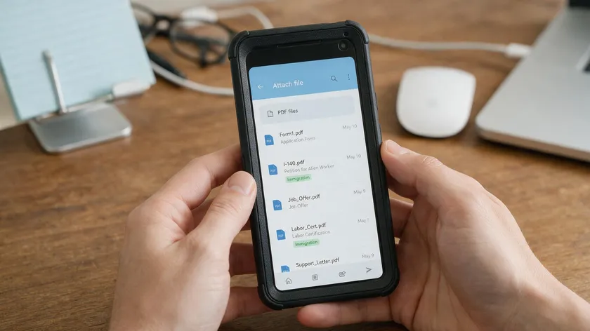Hands holding a phone while attaching a PDF file to a message, showing the final step after learning how to convert JPG to PDF on Android.