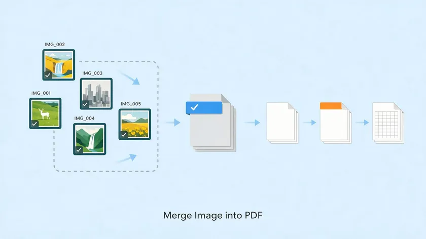 Illustration of multiple images merging into one PDF, showing how to convert JPG to PDF on Chromebook from several files at once.