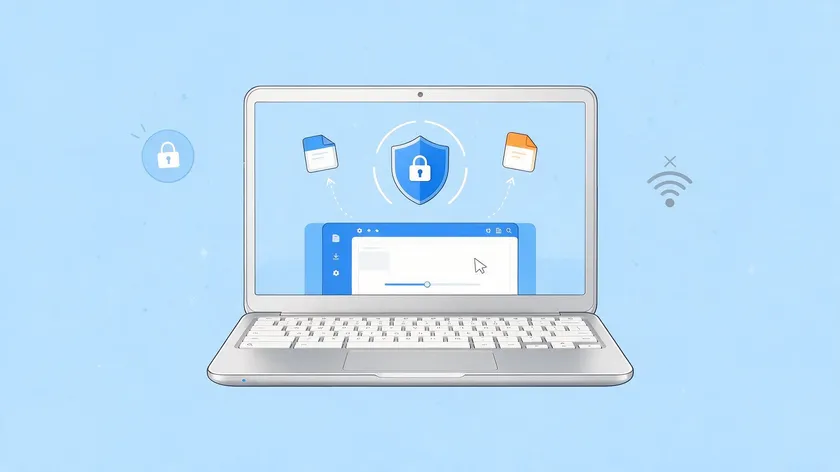 Illustration of a Chromebook with lock and offline icons, showing how to convert JPG to PDF on Chromebook securely without internet.