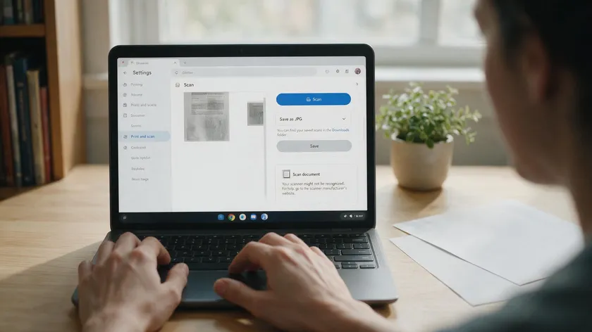 Person troubleshooting a blurry scan result while learning how to convert JPG to PDF on Chromebook correctly.