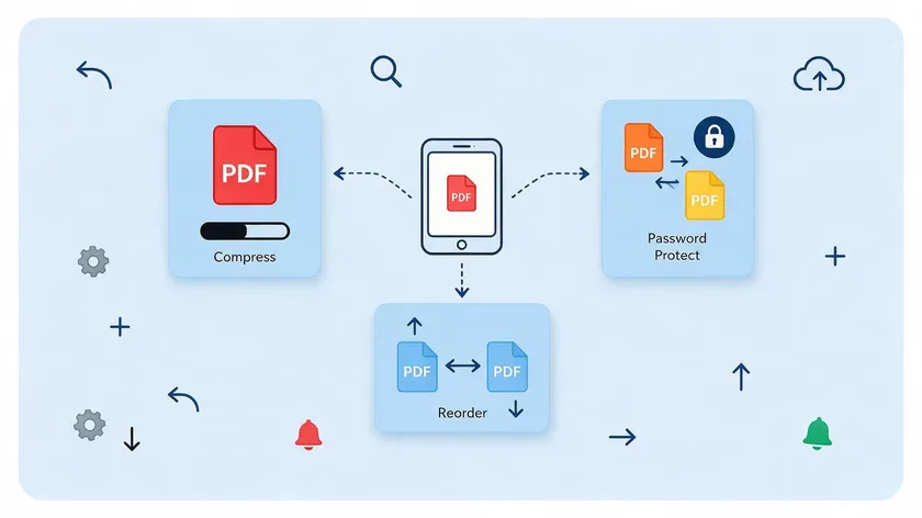 Illustration showing PDF compression, reordering, and password protection options beyond built-in iOS tools.