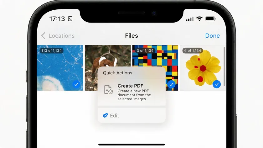 iPhone Files app showing the Quick Actions "Create PDF" option for converting selected JPG images.
