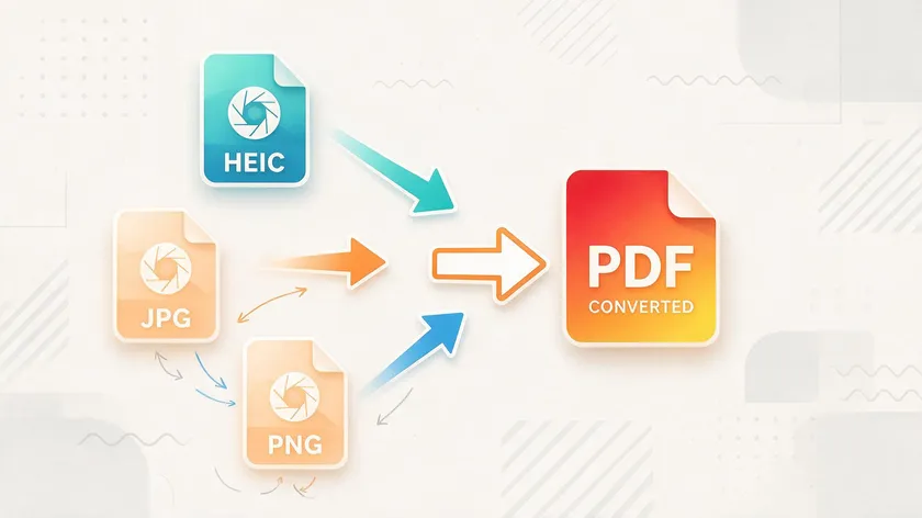 Illustration of HEIC, JPG, and PNG file formats converging into a single converted PDF.