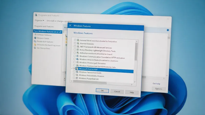 Windows Features dialog with the Microsoft Print to PDF checkbox checked