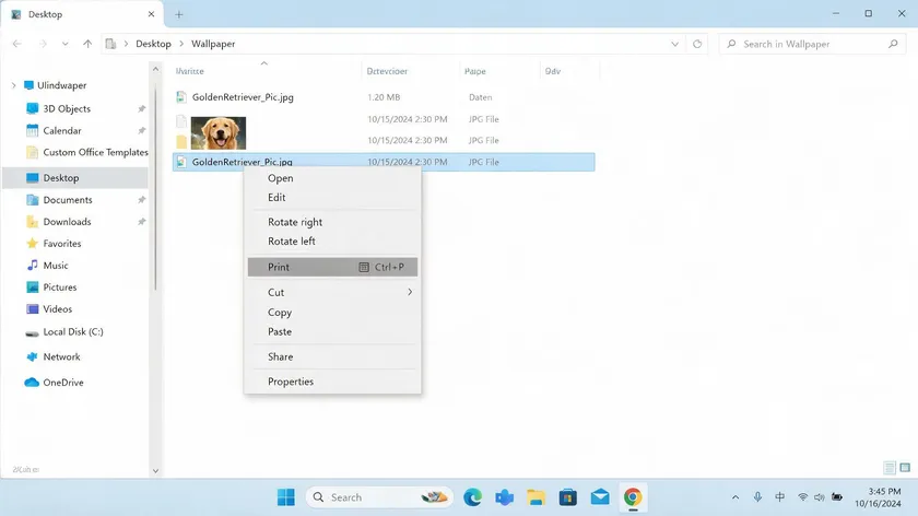 File Explorer right-click context menu with the Print option highlighted