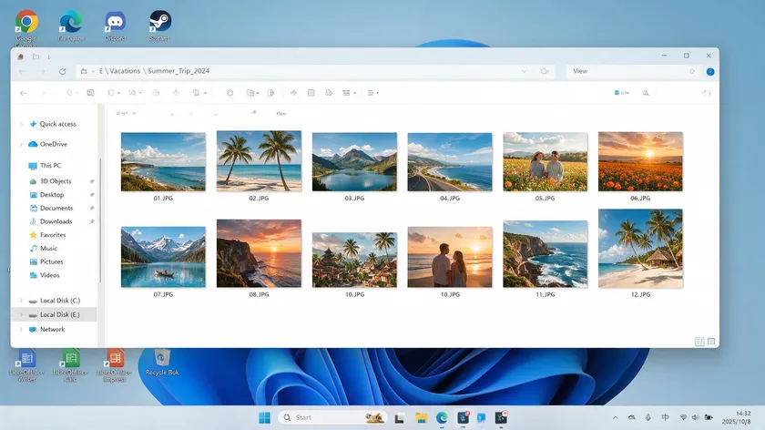 File Explorer folder showing JPG files renamed with numeric prefixes for correct page order