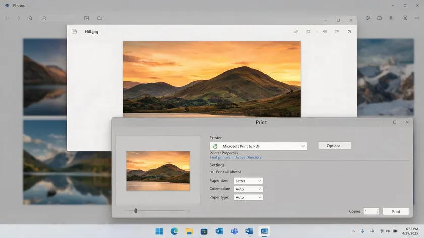 Windows Photos app print dialog with Microsoft Print to PDF selected as the printer