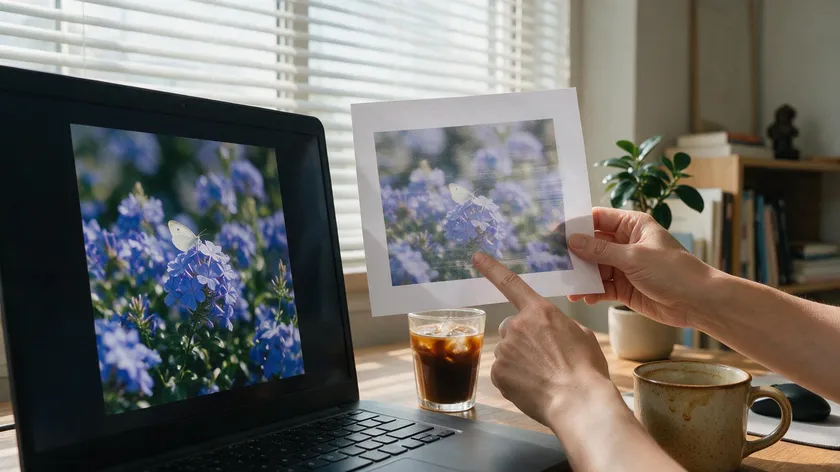 A person comparing a blurry printed photo with the sharper laptop version, troubleshooting how to convert JPG to PDF without losing quality.