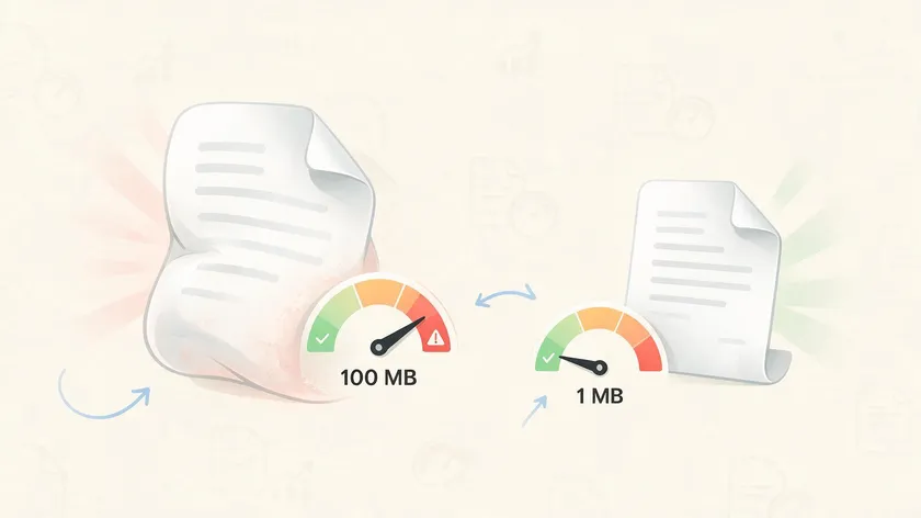 A bloated 100 MB document next to a lean 1 MB file, showing the size trade-off when you convert JPG to PDF without losing quality.
