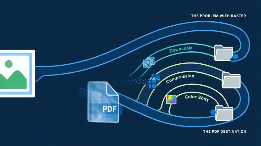 Diagram showing downscaling, compression, and color-shift as the three causes behind image degradation, illustrating how to convert JPG to PDF without losing quality by avoiding these defaults.