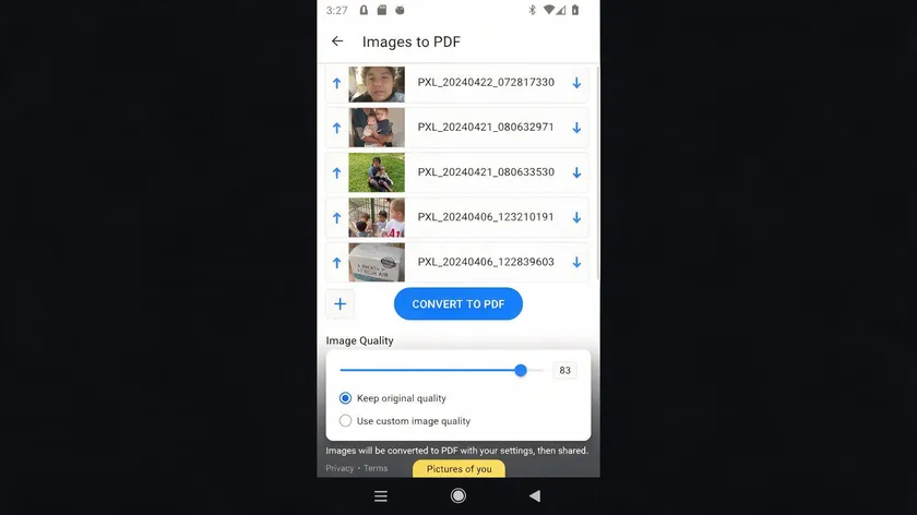A dedicated Images to PDF Android app showing a reorderable list of photos and an image quality slider.
