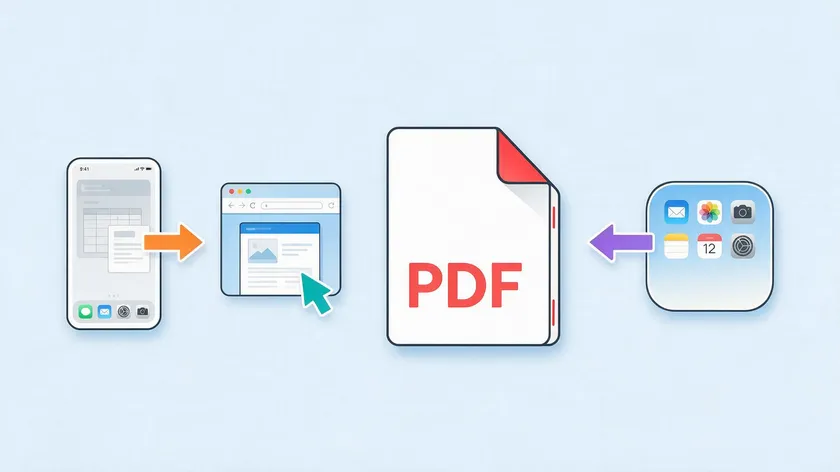 Illustration comparing a phone, a browser, and an app, each connected to a shared PDF file icon.