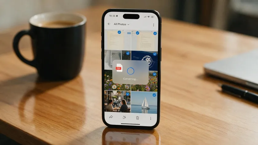 A smartphone showing a Converting screen as several selected photos are turned into how to convert multiple images to one pdf in mobile.