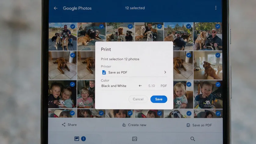 The Google Photos Print dialog on Android with Save as PDF selected as the destination for multiple selected photos.