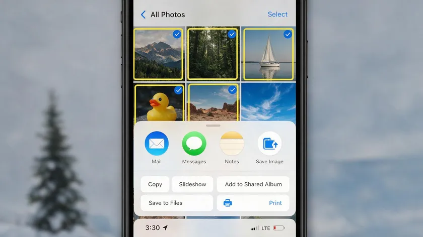 An iPhone showing several selected photos with the share sheet open and the Print option visible.