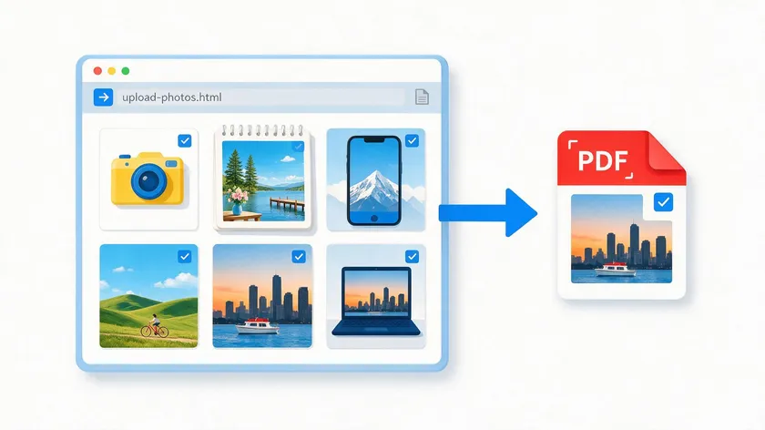 Illustration of multiple photos being uploaded into a browser window and merged into a single PDF file.
