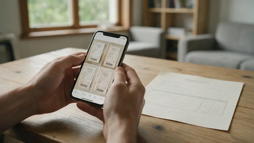 A person's hands holding a phone displaying several receipt photos in a gallery, next to a printed document.