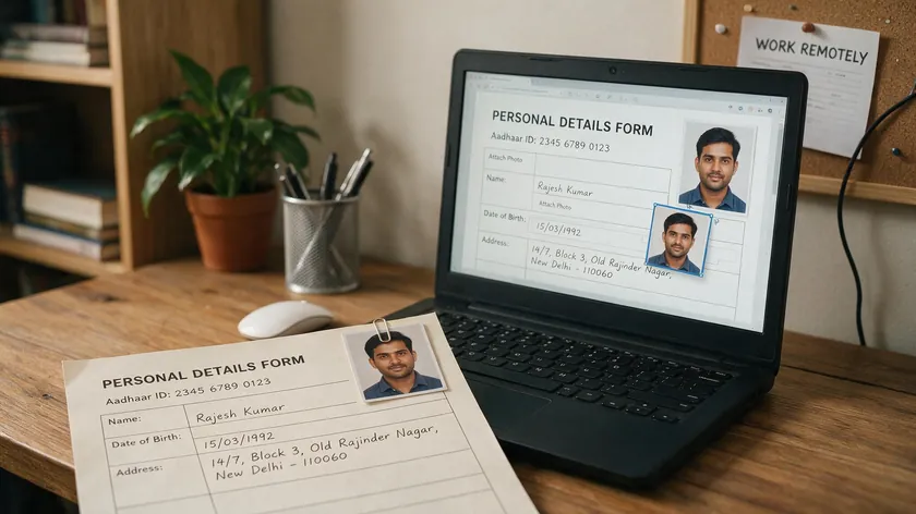 A printed ID photo clipped to a paper form beside a laptop screen showing the same photo being placed onto a digital form, a real-world example of how to insert a JPEG into a PDF.