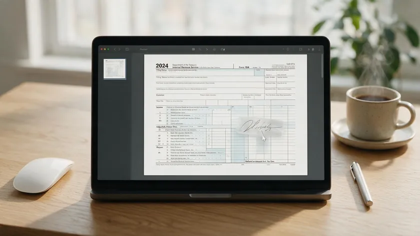 A MacBook screen showing a signature image being placed onto a tax form PDF in Preview, demonstrating how to insert a JPEG into a PDF on Mac.
