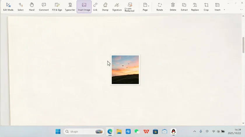 A Windows PDF editor toolbar with the Insert Image tool selected, showing the steps to insert a JPEG into a PDF on Windows.