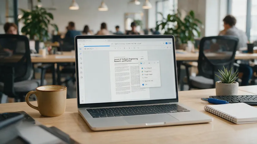 A laptop in a shared workspace showing a browser-based PDF editor with an image upload menu open, an online way to insert a JPEG into a PDF.
