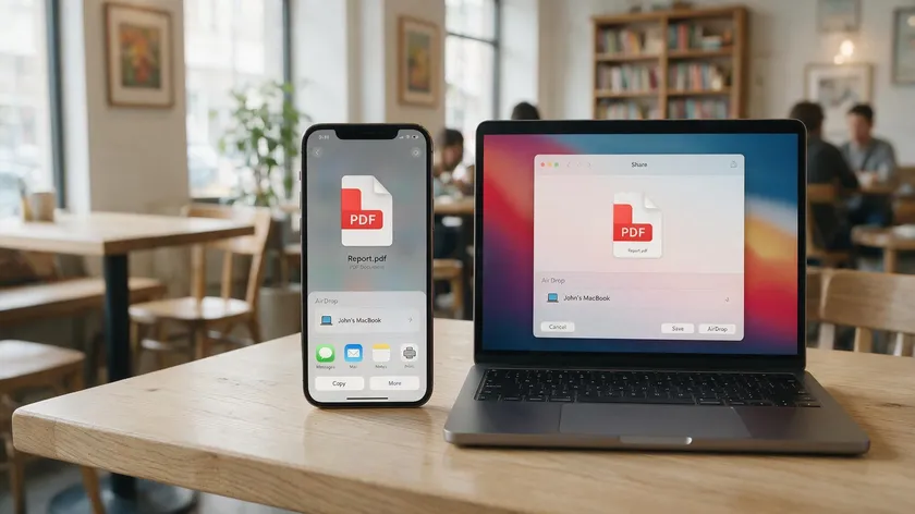 iPhone and MacBook showing the AirDrop share sheet with a PDF file