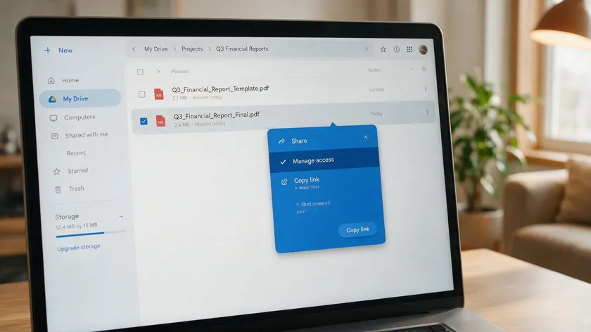 Laptop screen showing a cloud storage folder with a PDF file and a copy link option