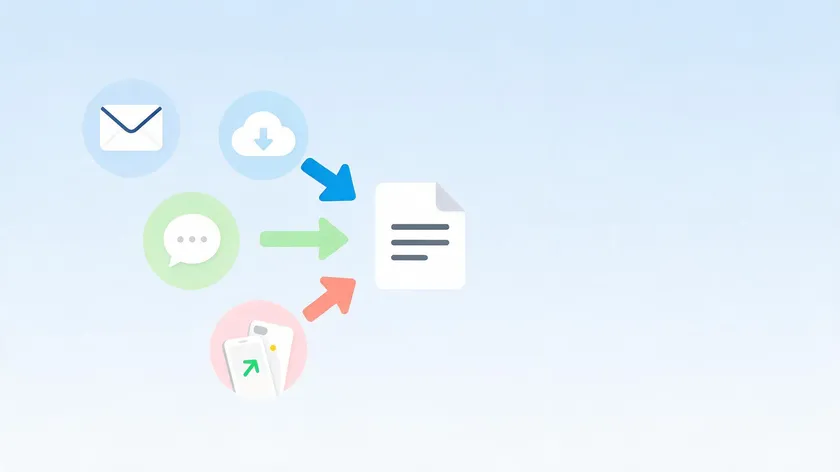 Illustration of email, chat, phone-to-phone, and cloud icons pointing to a document, representing different sharing methods