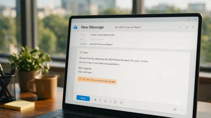 Laptop screen showing an email compose window with a PDF file attached