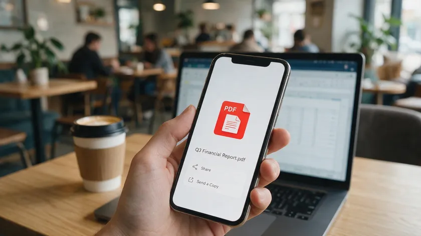 Person holding a phone about to share a PDF file, laptop in the background
