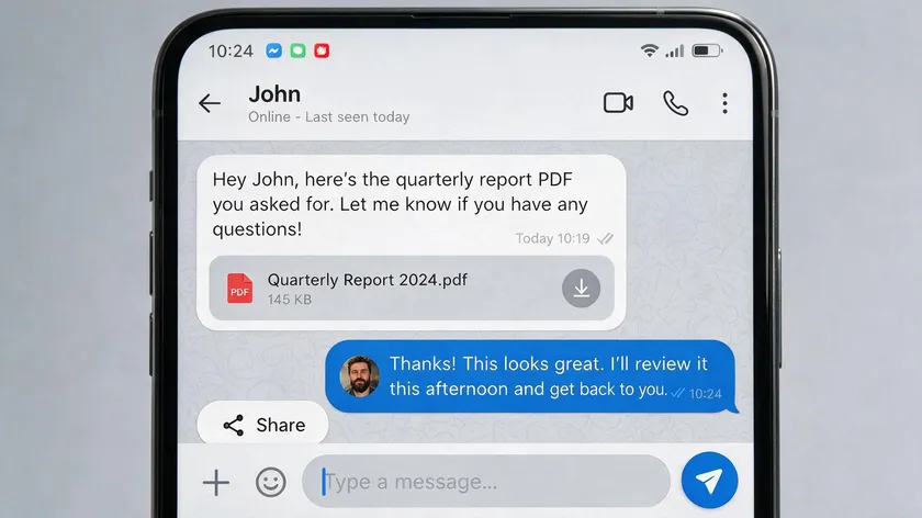Smartphone chat screen showing a PDF document shared as an attachment
