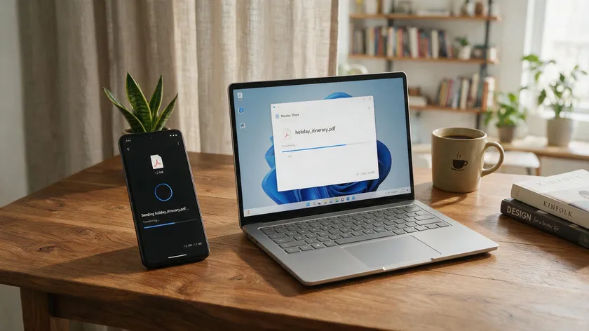 Android phone and Windows laptop transferring a PDF file via nearby share