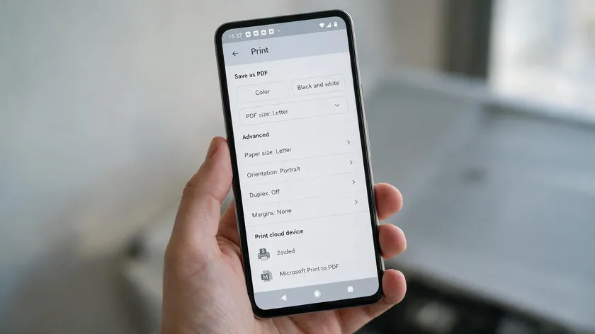An Android phone displaying the Print screen with Save as PDF as the output option.