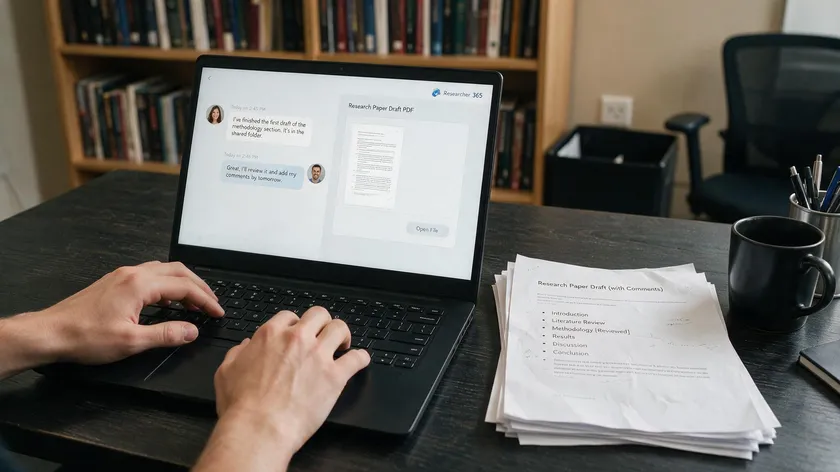 Two colleagues collaborating over a shared PDF document converted from a research paper screenshot.